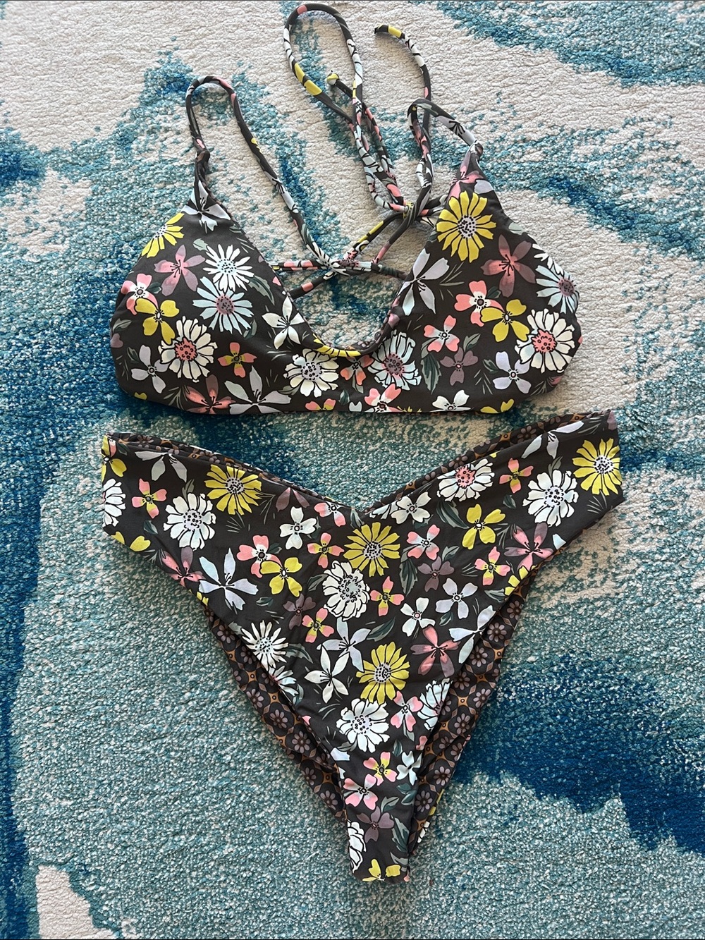 Volcom Reversible Floral Bikini Set in Black with Yellow, Pink & White Flowers